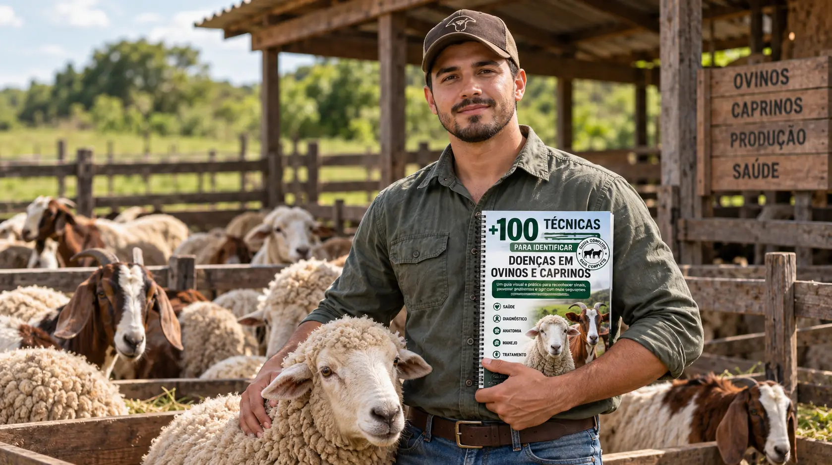 Criador segurando o material +100 Técnicas em meio ao rebanho de ovinos e caprinos